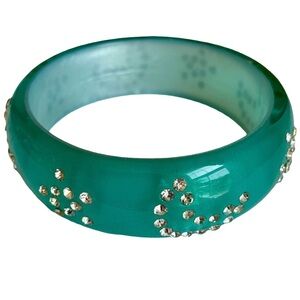 Vintage Turquoise Lucite Bangle Bracelet With Star And Moon Rhinestone Design